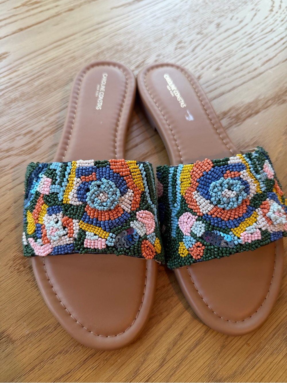 Caroline Constas Tan Slide Sandals with Multicolor Beaded Floral Straps